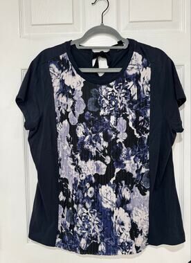 Womens Simply Vera Blue Floral Panel Short Sleeve Top tie Back XL